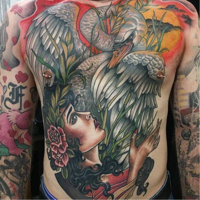 Tattoo by Guen Douglas #GuenDouglas #neotraditional #color #swan #bird #feathers #wings #sky #sunset #clouds #sun #lady #portrait #roses #floral #flowers #nature #leaves