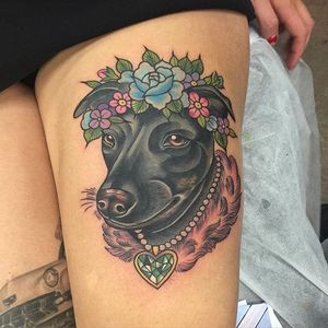 Dog wearing a flower crown by Ebony Mellowship. #neotraditional #EbonyMellowship #dog #flower #gem #necklace #flowercrown