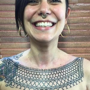 Valeria Marinaci looking happy about her new chest tattoo (IG--momotattoos). #blackwork #landscapes #ValeriaMarinaci