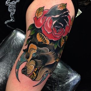 Wolf tattoo by Robert Oldfield, photo from Instagram @racotattoo #RobertOldfield #wolf #neotraditional #rose