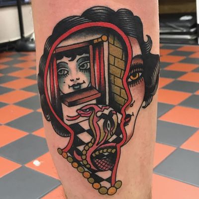 Mind landscape tattoo by Bailey tattooer #BaileyTattooer #landscapetattoo #color #portrait #ladyhead #surreal #window #brickwall #architecture #cobra #snake #pattern #face #brain #mind #creative #tattoooftheday