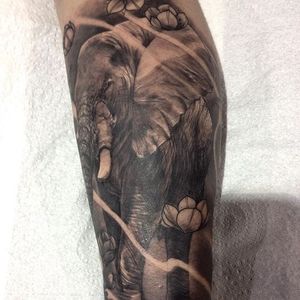 Black and grey elephant tattoo by Lee Sheehan. #blackandgrey #realism #elephant #LeeSheehan