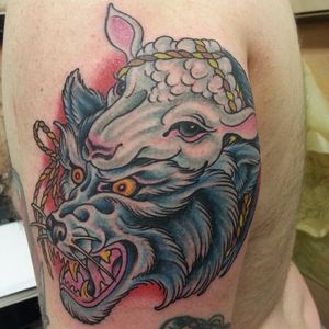 Traditional Wolf Tattoo by Jamie King #wolfinsheepsclothing #wolf #sheep #traditional #JamieKing