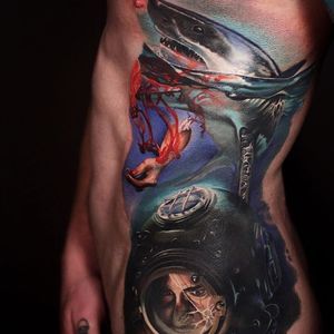 Diver and shark side piece by Fabz. #realism #colorrealism #underwater #diver #shark #water #Fabz