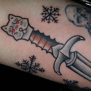 Stark sword (Jon Snow's Ghost) tattoo by Tanner Bodelle. #GOT #gameofthrones #tvshow #swork #stark #wolf