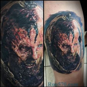 Zombified Fifield from ‘Prometheus’ tattoo by Ron Russo. #RonRusso #colorrealism #horror #gruesome #bloody #macabre #prometheus #zombie