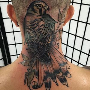 Falcon on the back of the head by Tim Tavaria. #neotraditional #TimTavaria #bird #falcon