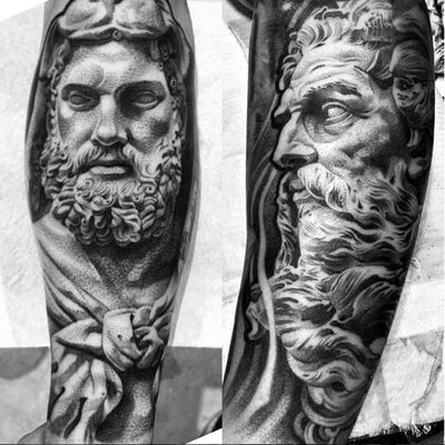 A pair of godly looking figures by Lil B (IG—lilb_tattoos). #blackandgrey #Christian #LilB #realism #religious