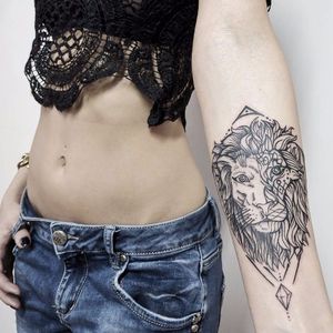 Graphic style lion tattoo by @alisovatattoo #graphic #blackwork #linework #btattooing #lion #lionhead #animal #AlisaAlisova