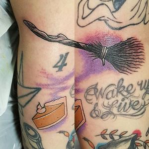 Fall themed tattoos by Adam Tyler Zinanni. #broom #witchesbroom #pumpkinpie #pie #Thanksgiving #traditional #AdamTylerZinanni #fall #autumn #food #dessert