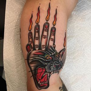 Panther hand via instagram mikeyholmestattooing #panther #hand #candle #traditional #cat #color #bigcat #MikeyHolmes