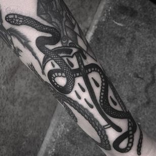 Tatuaje de serpiente por Jack Ankersen #Blackwork #TaditionalBlackwork #BlackTattoos #Illustrative #BoldBlackwork #JackAnkersen #btattooing #blckwrk #snake