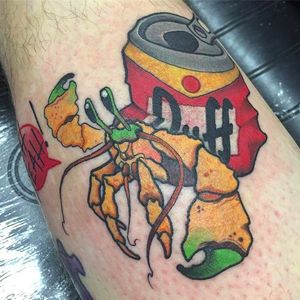 Duff beer crab by Pinky (via IG -- pinkytbo) #pinky #duffbeer #hermitcrab #hermitcrabtattoo #crab #crabtattoo