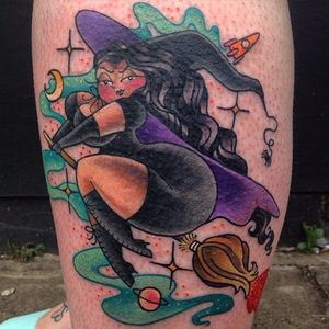 Witch big girl pin up tattoo by Hollie West. #HollieWest #pinup #plussize #bodylove #bodypositivity #pinuplady #biggirlpinup #witch