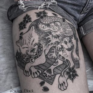 Cat with dragon tattoo by sicko black #Sickoblack #dragontattoos #illustrative #Japanese #mashup #dragon #cat #kitty #monmoncat #bell #cherryblossoms #flowers #floral #sleeping #cute