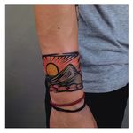 Linocut Landscape Tattoo by Eugene Nedelko #linocut #linocutlandscape #landscape #print #mountain #sun #EugeneNedelko