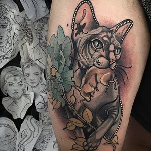 Cat and mouse tattoo by Tim Tavaria. #neotraditional #TimTavaria #cat #mouse #styledrealism