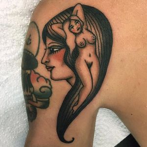 American Traditional portrait tattoo by Cécile Pagès. #CecilePages #americantraditional #woman #portrait #nude