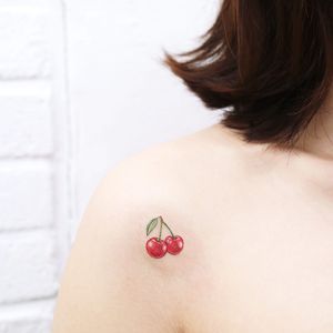 Cherries tattoo by Nemotattoo #Nemo #Nemotattoo #foodtattoos #color #realism #realistic #hyperrealism #cherry #fruit #cute #food
