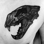 Awesome and intricate Dinosaur skull Tattoo by Moises Jimenez @thecrocodile666 #MoisesJimeneztattoo #Black #Blackwork #Blacktattoo #Dinosaur #skull
