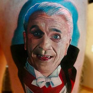 Leslie Nielsen portrait tattoo done by Peter Tattooer. #PeterTattooer #portraittattoo #realistic #leslienielsen #realism #portrait #dracula