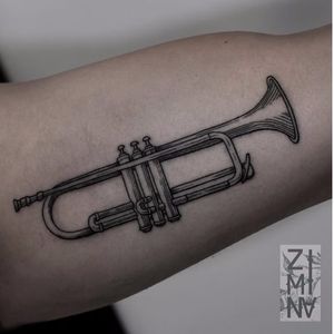 Trumpet tattoo by Zhenya Zimina #ZhenyaZimina #blackwork #engraving #trumpet #btattooing #blckwrk