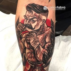 Fighter Tattoo by Carlos Fabra #fighter #neotraditional #neotraditionalartist #redandblack #twocolor #CarlosFabra