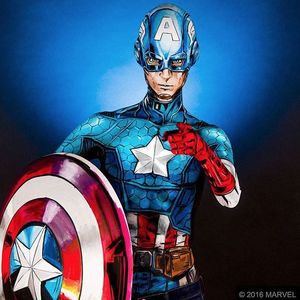 Kay Pike (IG—kaypikefashion) as Captain America. #bodypainting #CaptainAmerica #ComicCon #KayPike #Marvel
