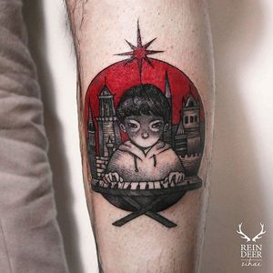 Black and red illustration tattoo by Zihae. #southkorean #southkorea #zihae #blackandred #red #illustrative #piano
