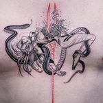 Asuka from Evangelion. Tattoo by Oozy #Oozy #snaketattoos #illustrative #fineline #linework #anime #manga #snake #Japanese #reptile #animal #Evangelion #asuka #portrait #guts #death #trident #lady