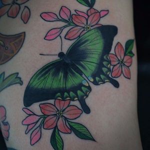 Butterfly and cherry blossom tattoo by James Bull #JamesBull #japanese #asian #butterfly #cherryblossom