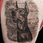 Black and grey doberman tattoo by Axi Goregots. #realism #blackandgrey #dog #doberman #AxiGoregots