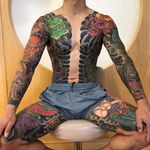 Full bodysuit in the works by State of Grace's owner Ryudaibori #stateofgracetaki #Ryudaibori #Horitaka #Japanese #masks #nohmasks #dragon #demon #oni #clouds #color #warrior #lady #DharmaWheel #waves #tattoooftheday