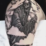 Reaper tattoo by Christopher Jade #ChristopherJade #skulltattoos #blackandgrey #reaper #clouds #death #knife #sword #cloak #skull #bones #skeleton #hell #tattoooftheday