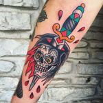 The reaper isn't coming for anyone now. Tattoo by Randy Conner. #traditional #RandyConner #reaper #grimreaper #dagger