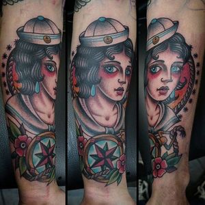 Sailor girl and compass tattoo by Dominik Dagger. #traditional #DominikDagger #compass #sailor #sailorgirl