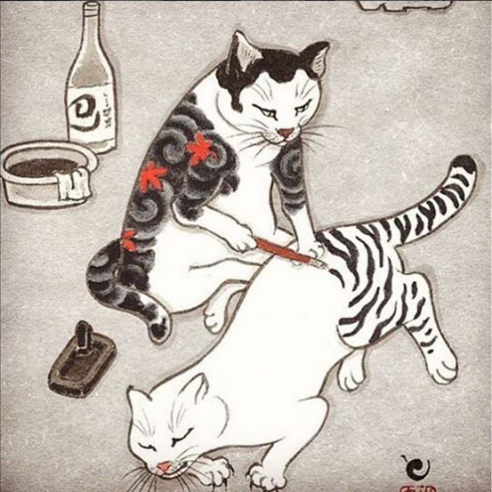 Una imagen de un gato monje tatuando a otro de Horitomo (IG - horitomo_stateofgrace).  #fineart #Irezumi #Horitomo #monmoncats