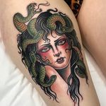 Medusa tattoo by Elmo Teale #ElmoTeale #ladytattoos #color #newtraditional #traditional #portrait #medusa #snakes #serpent #reptile #deity #goddess #face #eyes #lips