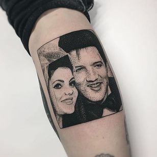 Elvis and Priscilla Presley wedding box tattoo by Charley Gerardin. #CharleyGerardin #box #portrait #contemporary #pointillism #blackwork #dotwork #handpoke #elvispresley #icon #music