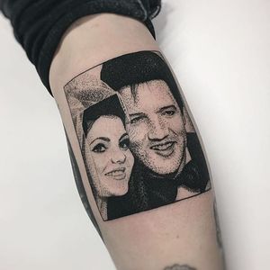 Elvis and Priscilla Presley wedding box tattoo by Charley Gerardin. #CharleyGerardin #box #portrait #contemporary #pointillism #blackwork #dotwork #handpoke #elvispresley #icon #music