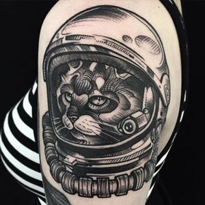 Astronaut tattoo by Phil Kaulen. #astronaut #space #blackwork #cat