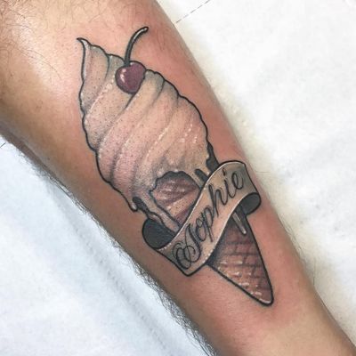 Ice Cream for Sophie tattoo by Jean Leroux #JeanLeroux #desserttattoos #color #realism #realistic #newtraditional #mashup #script #quote #banner #name #icecream #wafflecone #cherry #vanilla #sweets