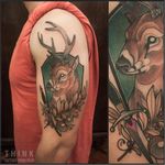 Stag tattoo by Santi Bord #SantiBord #neotraditional #floral #stag #deer #dagger