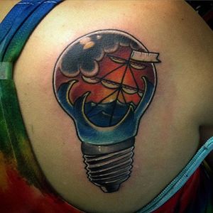 Ship Light Bulb Tattoo by Matt Zins #lightbulb #ship #traditional #MattZins
