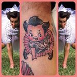 Jim Carrey in all his Ace Ventura tutu-wearing splendor. Kewpie tattoo by Stacey Martin Smith. #kewpie #kewpiedoll #StaceyMartinSmith #AceVentura #JimCarrey