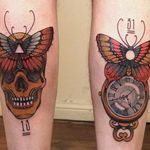 Matching tattoos by Victor Kludge #VictorKludge #traditional #surrealistic #skull #moth #clock