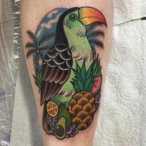 Fruity toucan tattoo by Alex Rowntree. #neotraditional #fruit #bird #toucan #AlexRowntree