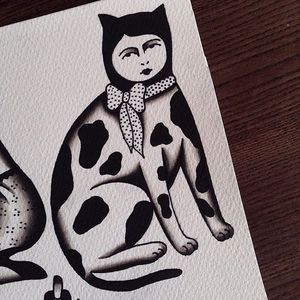 Cat girl via instagram katya_krasnova #cat #girl #bow #flashart #flashtattoo #vintage #artshare #fineart #katyakrasnova #traditionalinspired #painting #FlashFriday