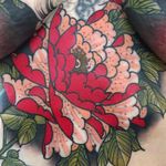 Dots of peony pollen by Matt Adamson #MattAdamson #color #japanese #neotraditional #mashup #peony #flowers #peony #dotwork #linework #leaves #nature #tattoooftheday