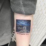 Starry Night Over the Rhône by Van Gogh. Tattoo by Tattooist Ara #TattooistAra #VanGoghtattoo #color #painting #VanGogh #landscape #river #water #night #stars #sky #boat #sailing #fineart